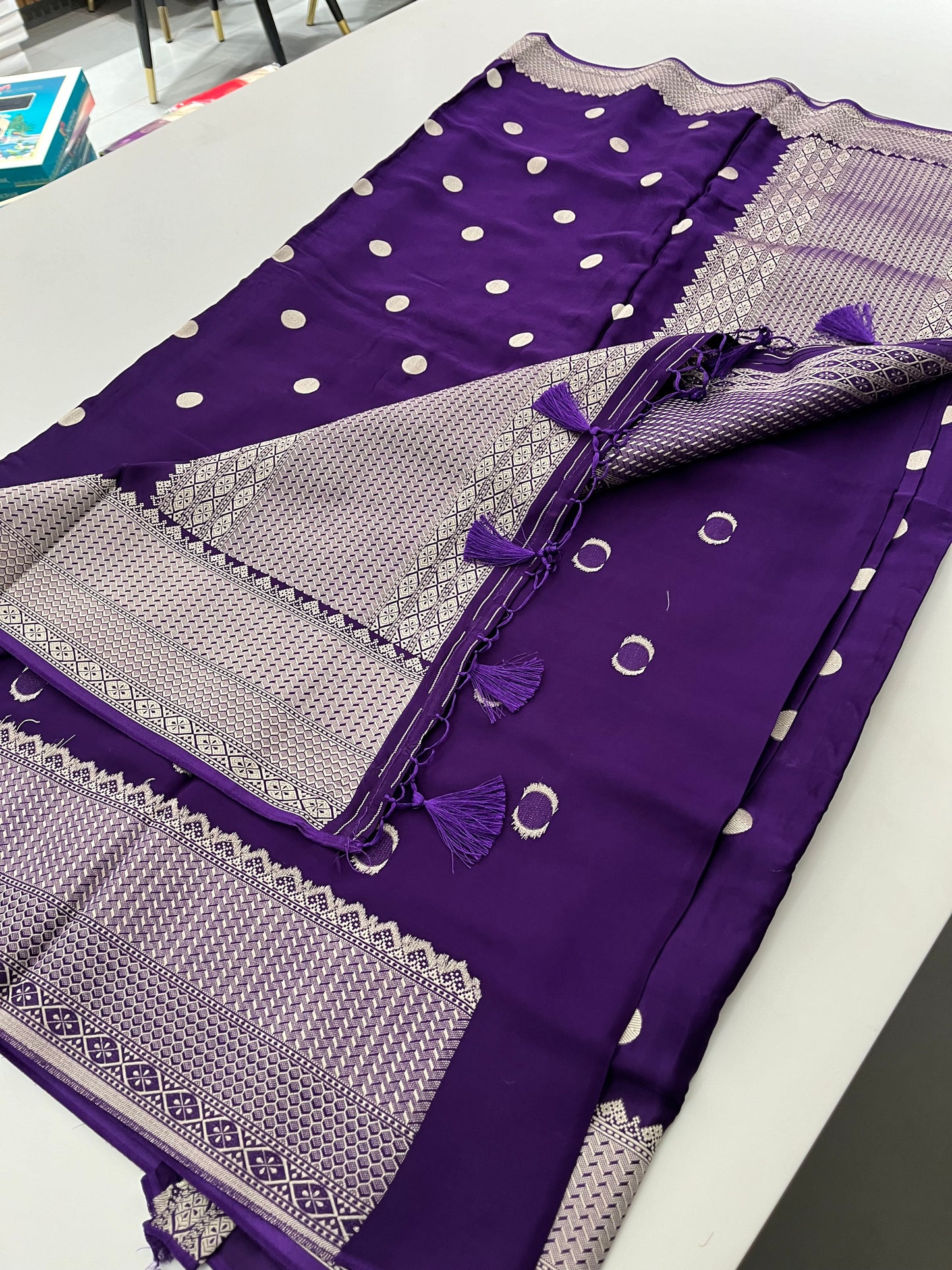 59 PURE SATIN CRAPE SILK WITH ANTIQUE ZARI POLKA DOTS DESIGNS