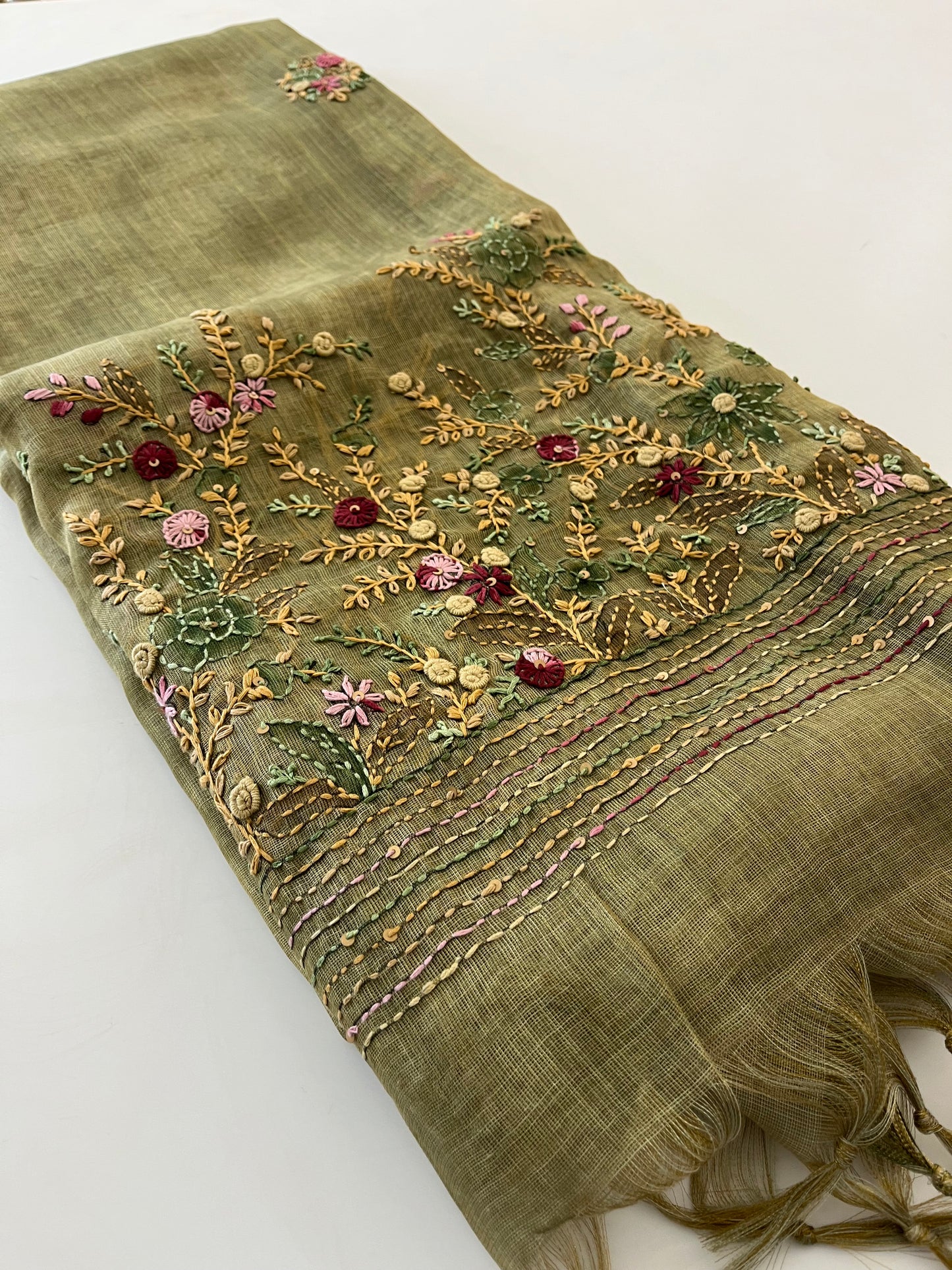 Designer linen  saree full embroidery