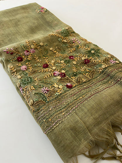 Designer linen  saree full embroidery
