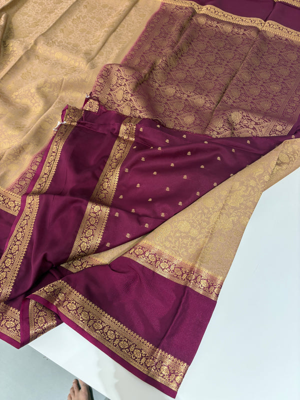 Floral Crepe Silk Saree - Beige & Wine (CR21)
