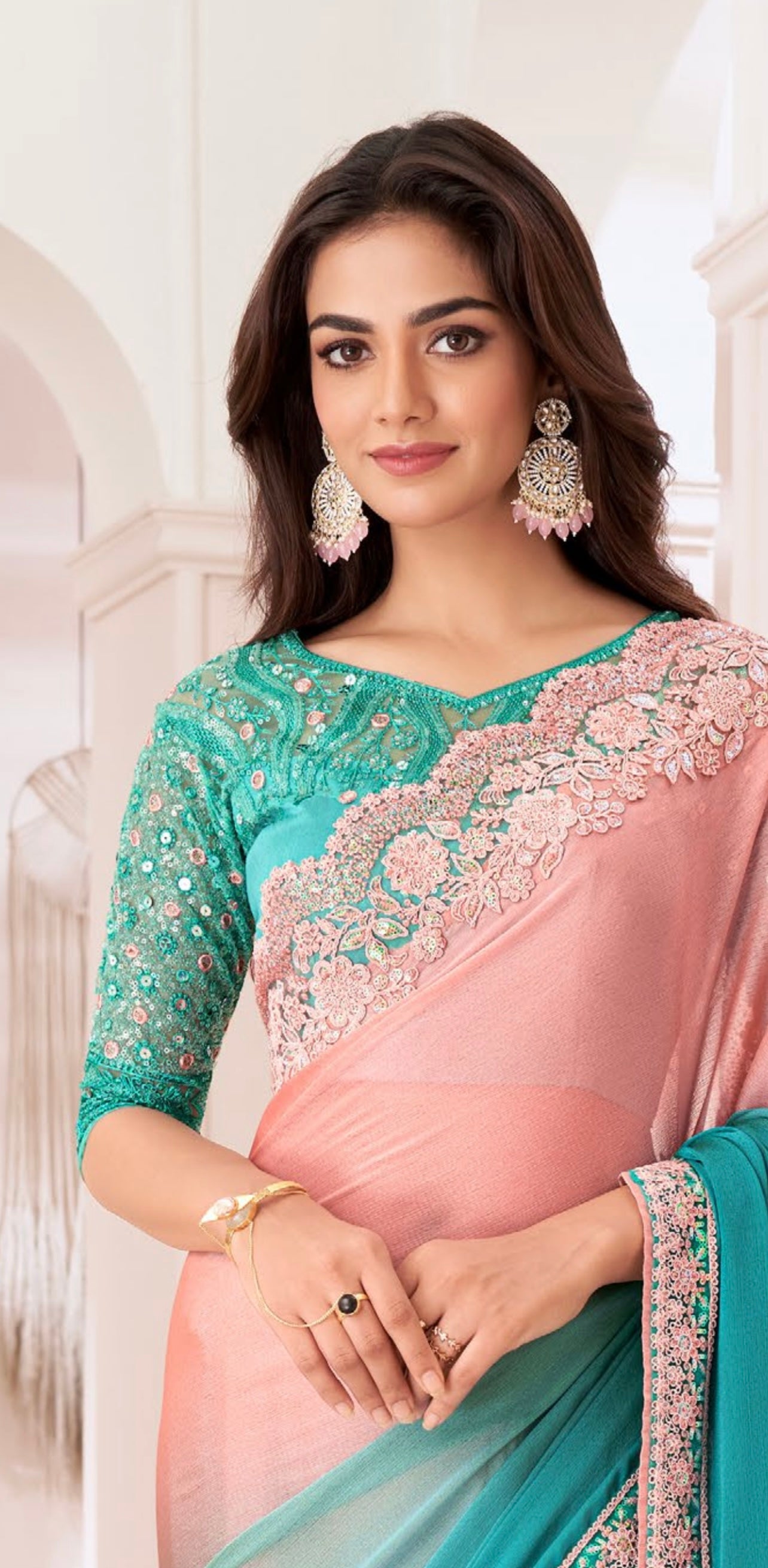 Turquoise  & Baby Pink Chiffon Georgette Designer Party Wear Saree-TFH SW 1311