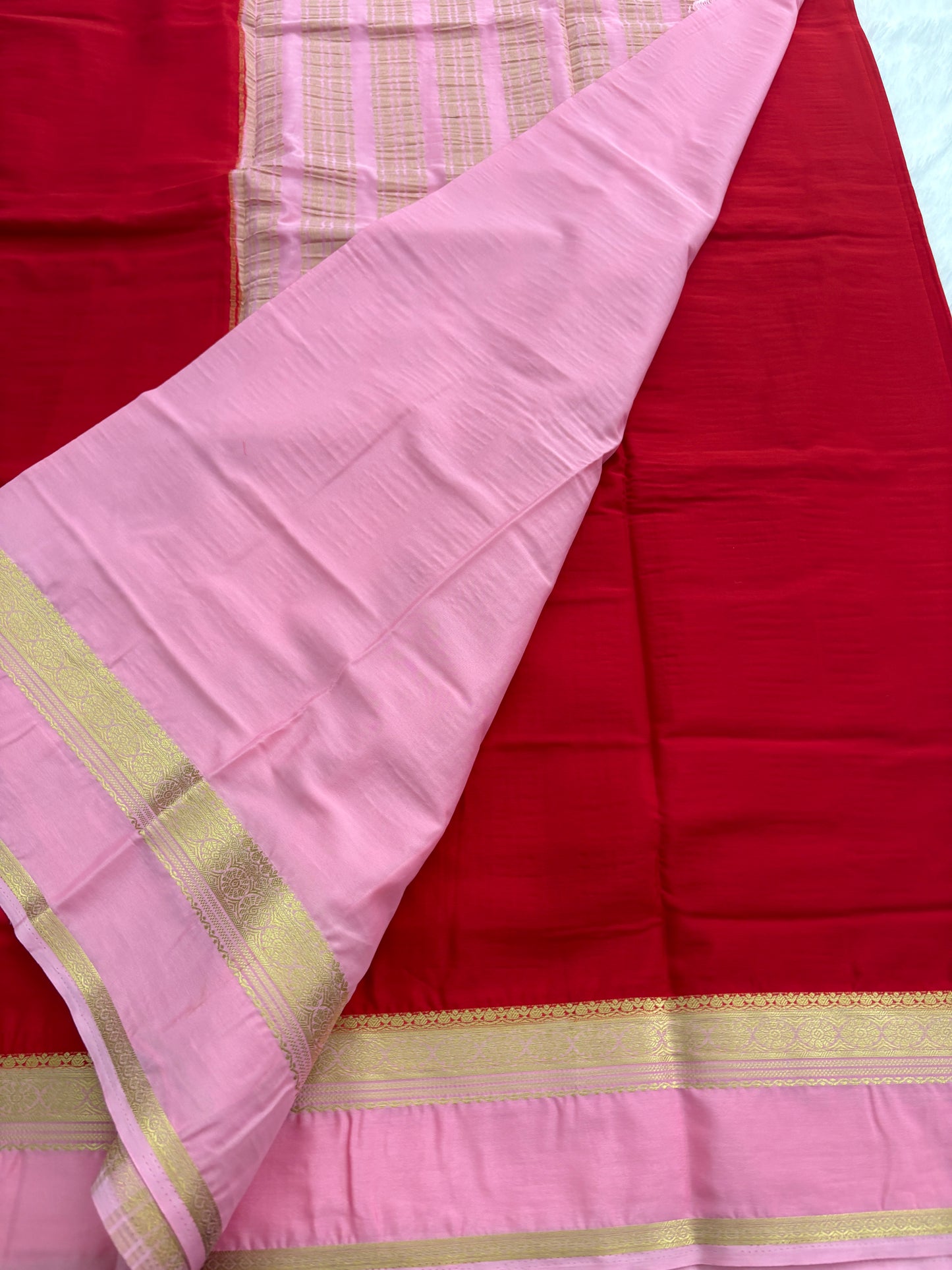 Red X Pink Small Bentex Semi mysore Silk Saree-J1115
