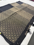 Black Designer Chinnon Silk Saree – Abstract Box Pattern AU24