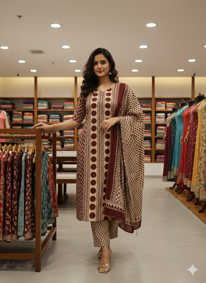 60s Camric Discharge Print With Doriya Dupatta Set