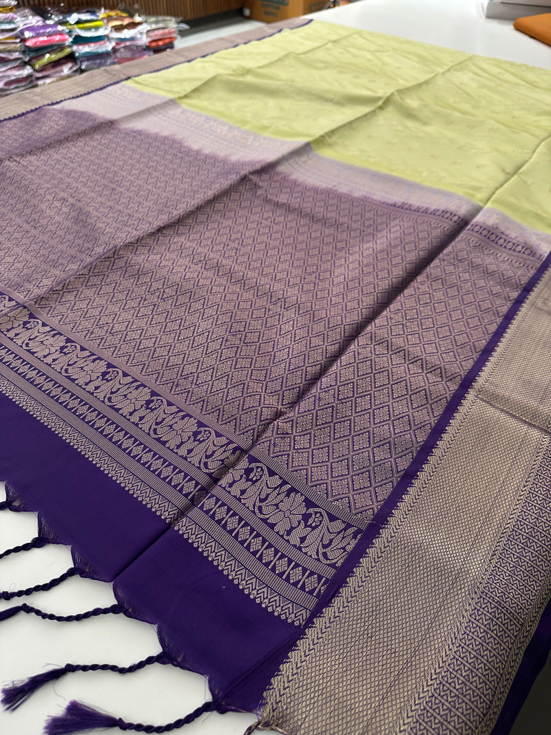 🌹4 shades of semi kanchi soft silk sarees in beautiful combinations in contrast blouse🌹