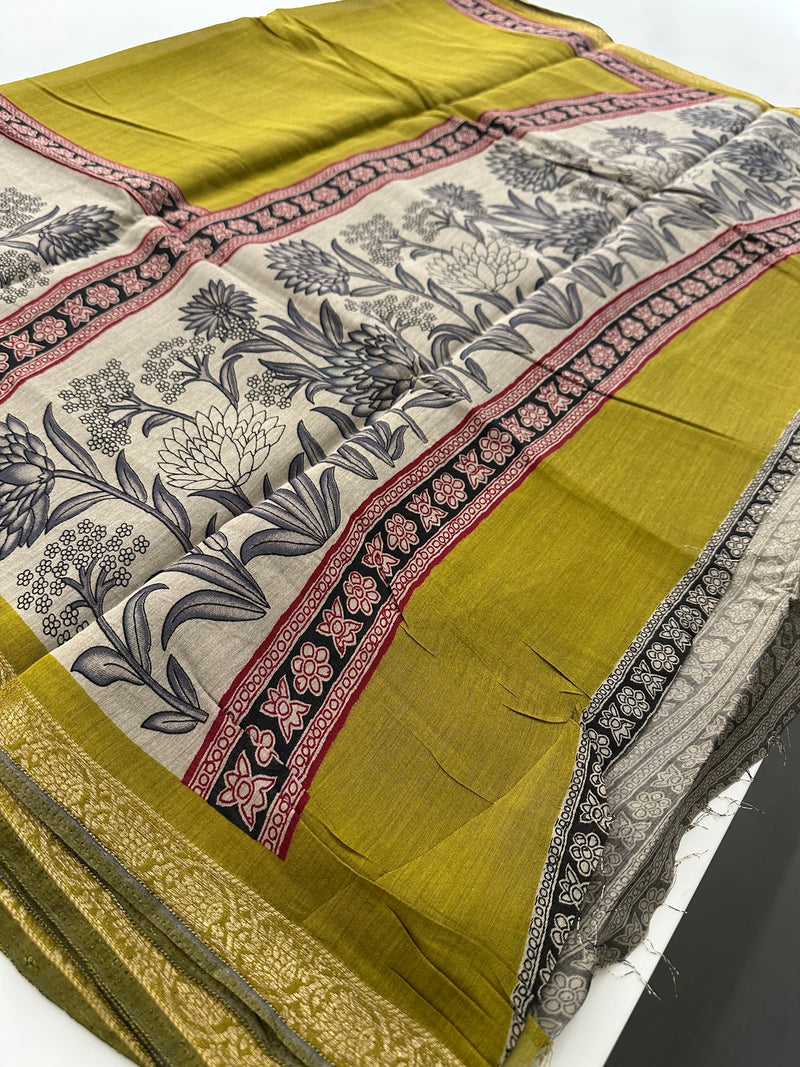 Soft Lightweight Printed Cotton Saree - Yellow & Cream Floral Pattern - AU27