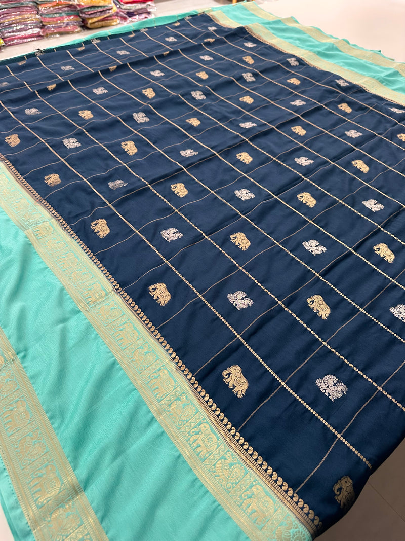 Premium Semi Mysore Silk sarees with silver and gold weavings and contrast blouse piece🌹-AU9