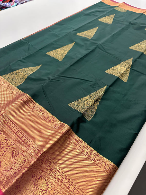 Bottle Green Semi Kanjeevaram Silk Saree - AU12