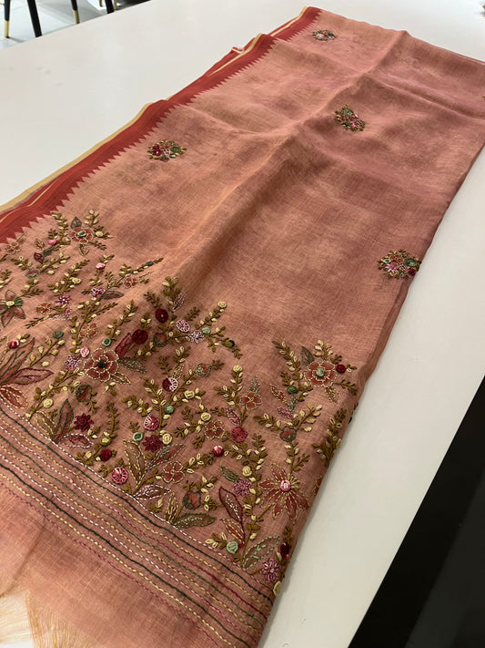 Linen Embroidery Fancy Saree