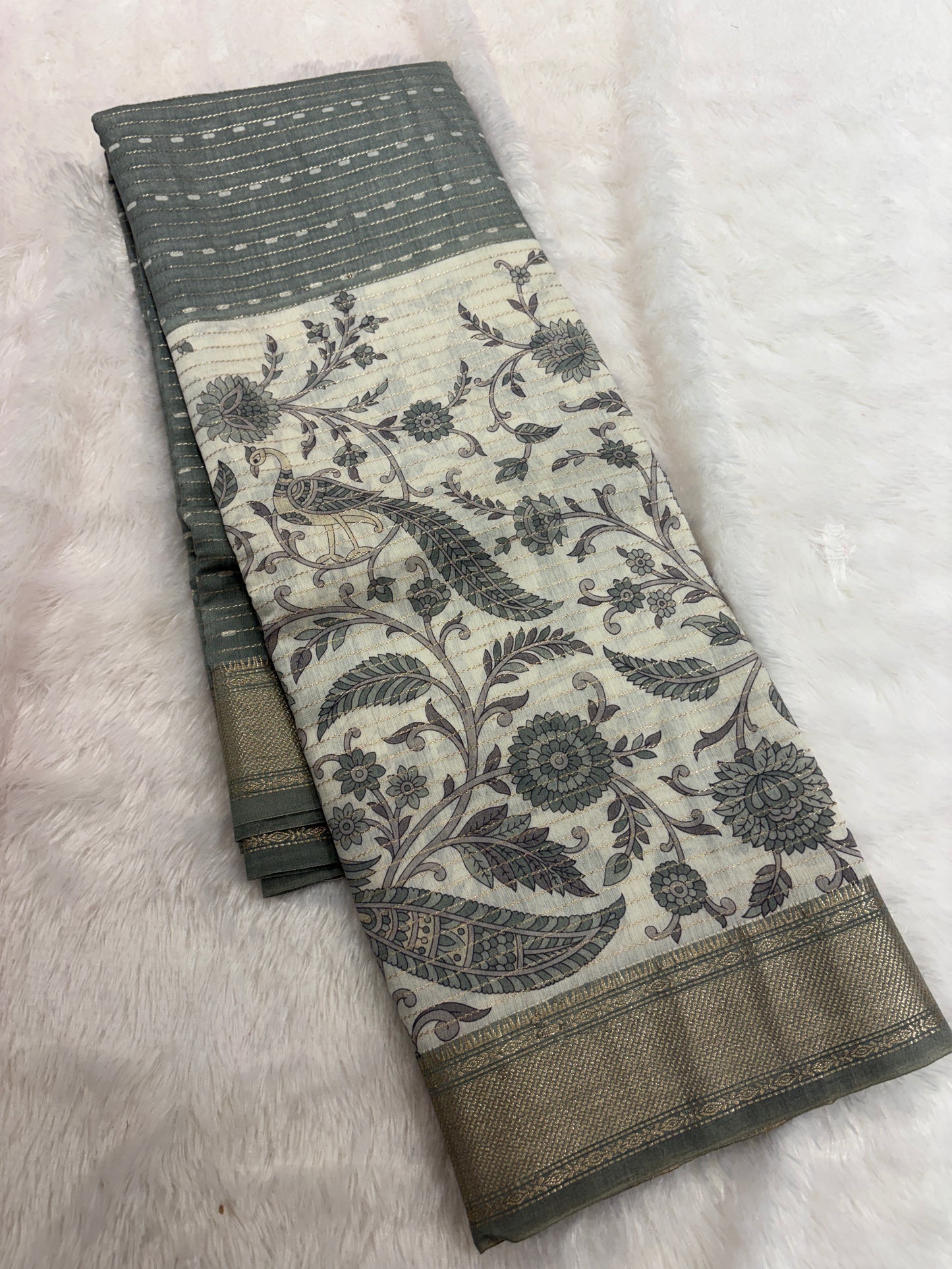 Grey Floral Chanderi Cotton Saree-M101