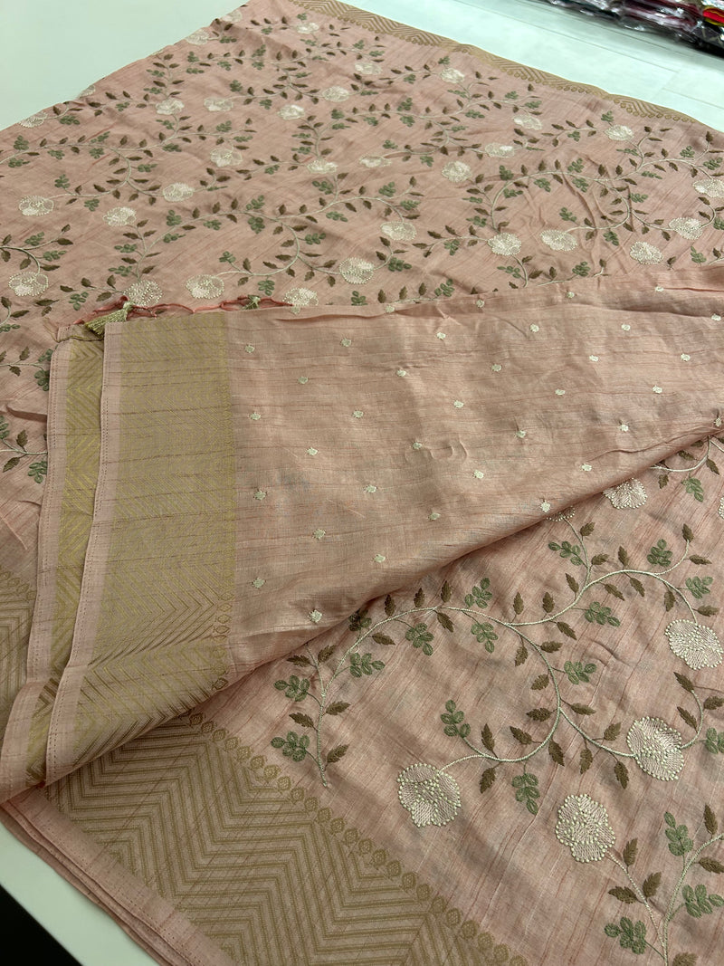 🌹Tussar Silk Sarees in Full Embroidery Work With Self Pattern Blouse 🌹
JU23
