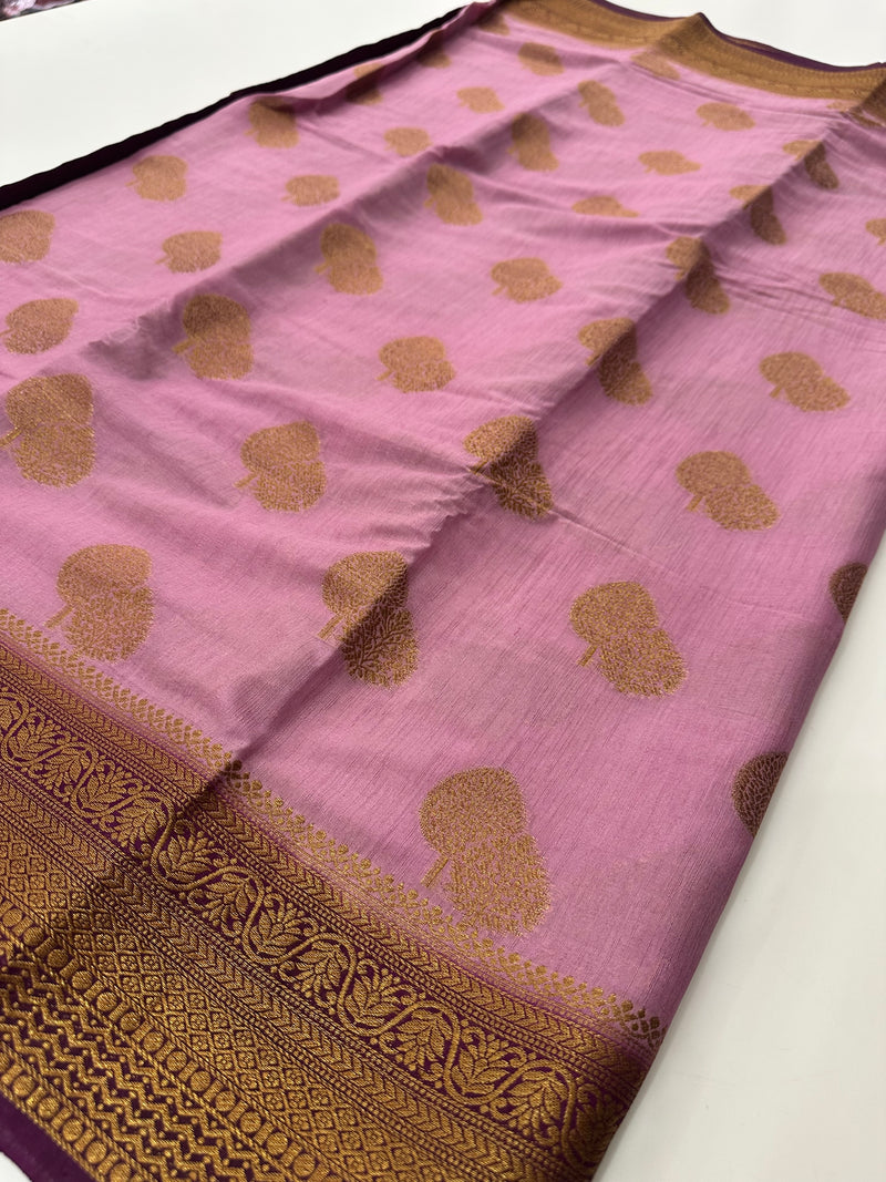 Baby Pink x Purple Tussar Cotton Saree with Double Leaf Butta All Over JU24