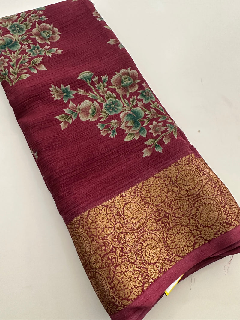 Crush Crape Chiffon Printed Sarees With self Butti Printed Blouse Piece🌹- J29