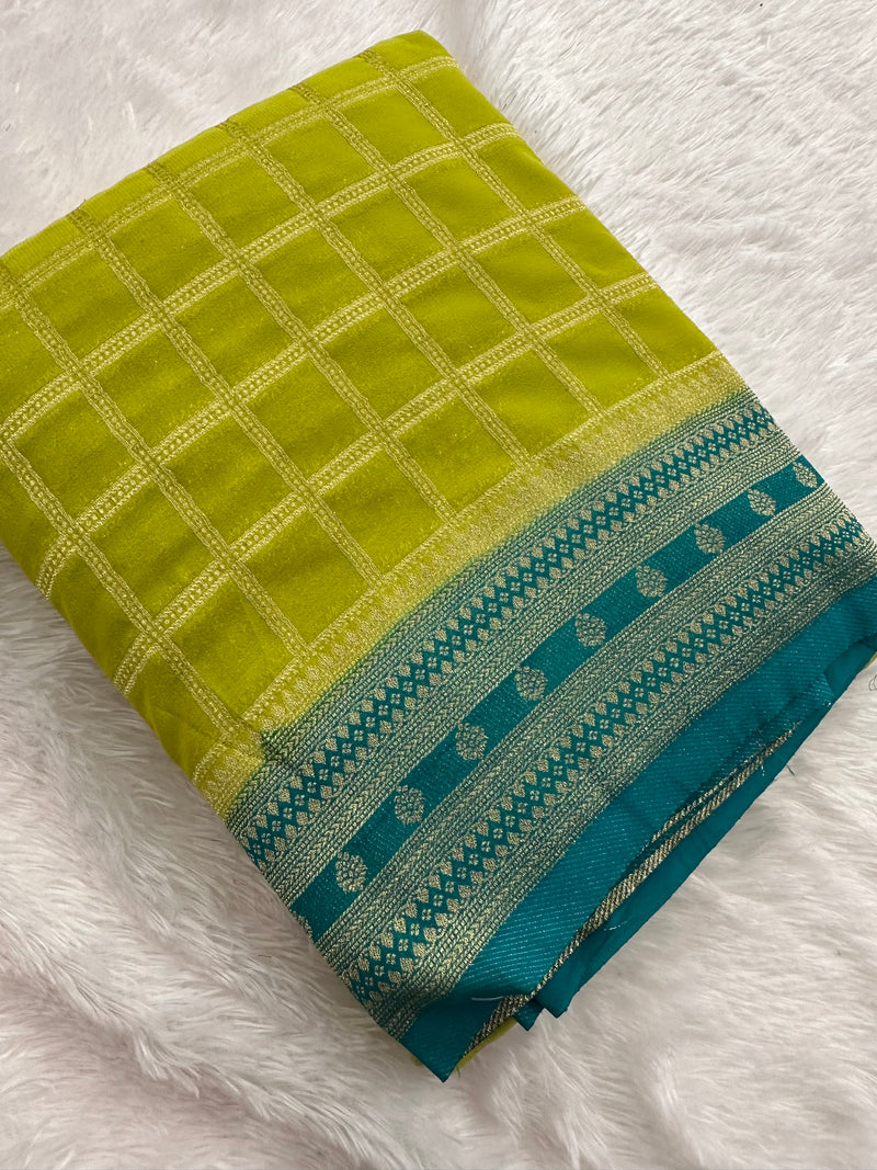 Premium Georgette Sarees In Checks Zari and Small Border with Contrast Blouse Piece 🌹-JU18