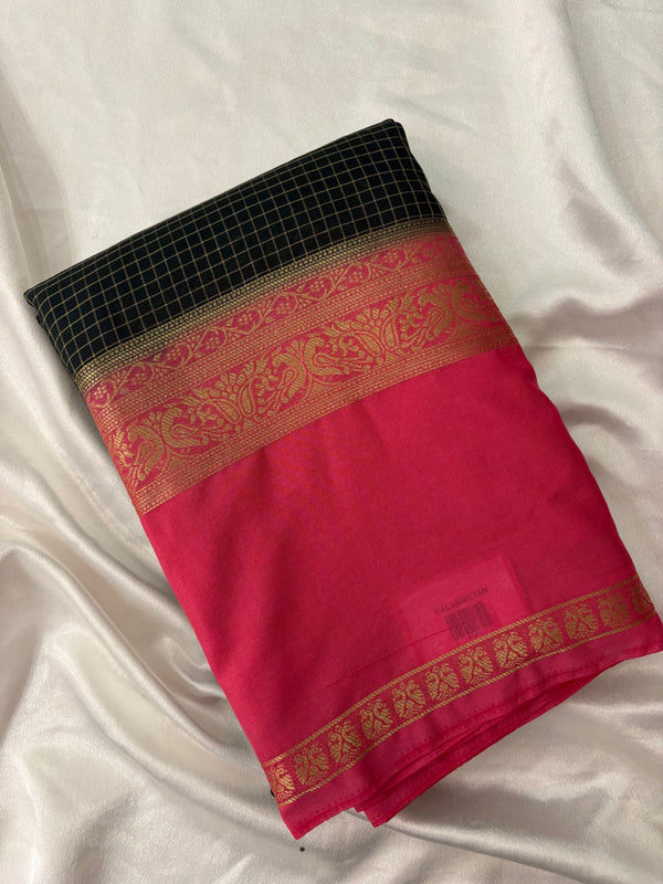 JU22 Bottle Green Checks Crepe Saree with Baby Pink Contrast Border Blouse