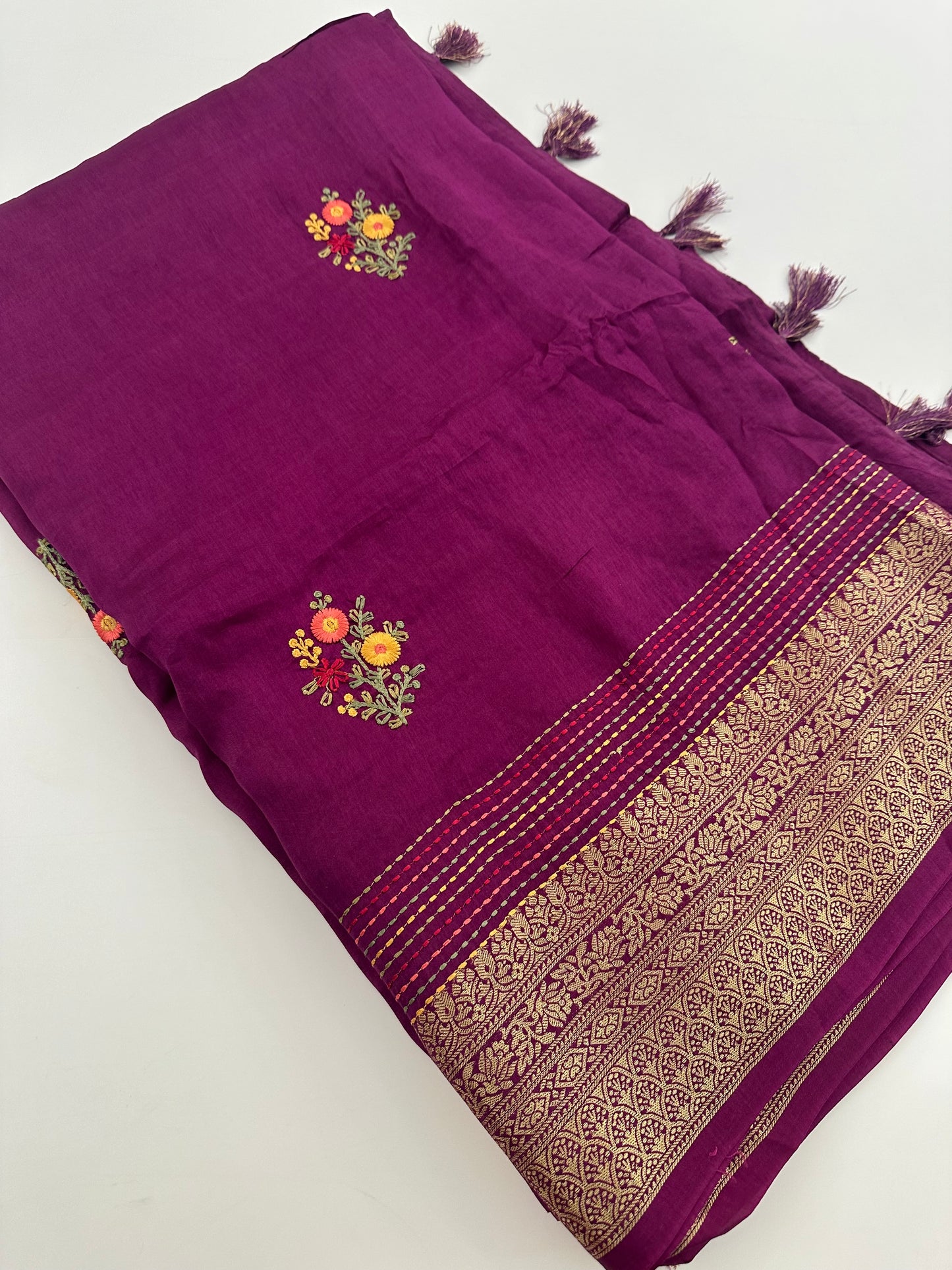 Pure Tussar Silk With Katha Work and Embroidery Buttas in Premium Finishing🦋 🌹-JU16