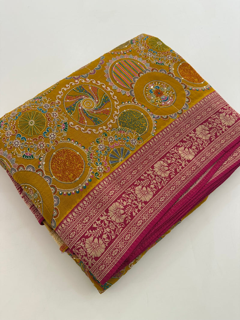 Pashmina silk sari with aari work round designs all over and contrast pink blouse🌹-AU6