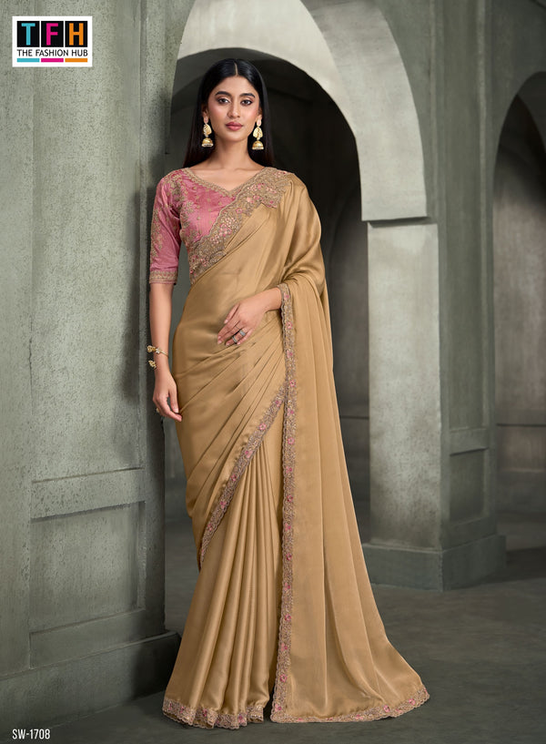 SW-1708 — DEEP CREAM SARTIN GEORGETTE SAREE & BANGLORE WORK BLOUSE