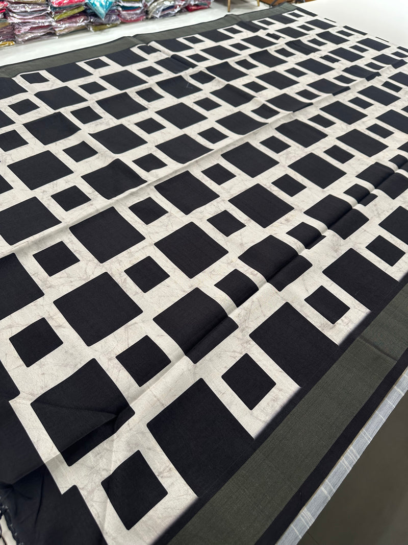 Black and White Tussar Printed Saree- JU28