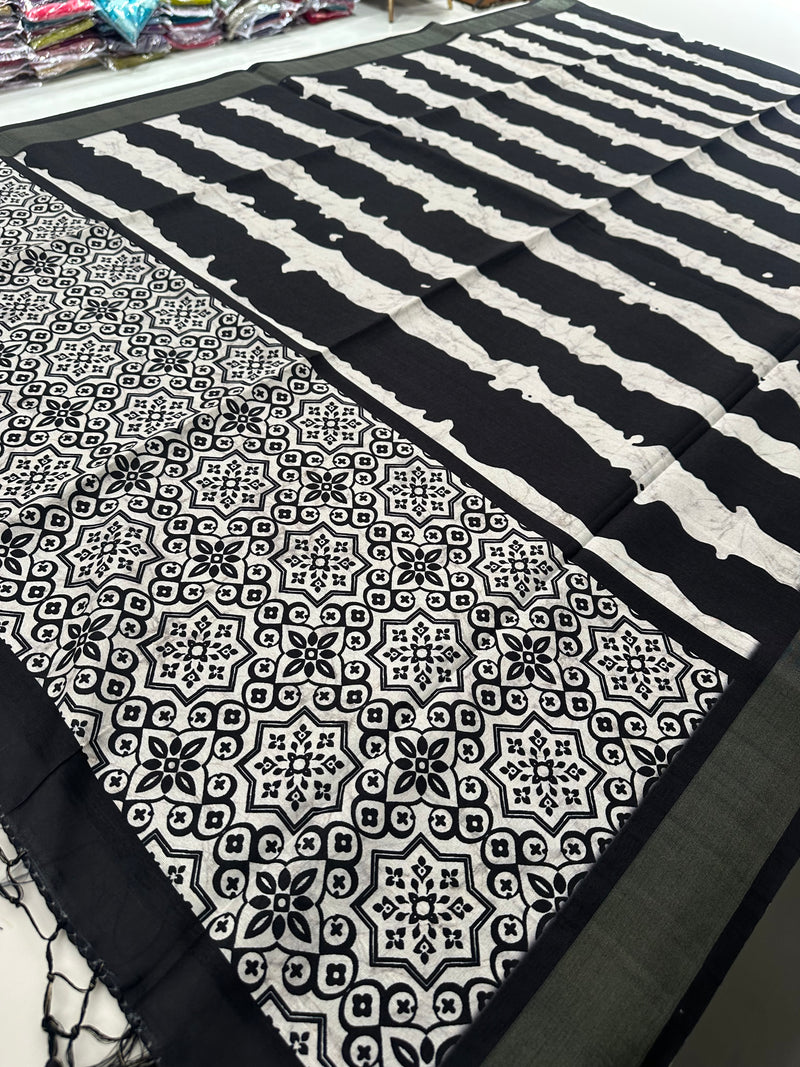 Black and White Tussar Printed Saree- JU28