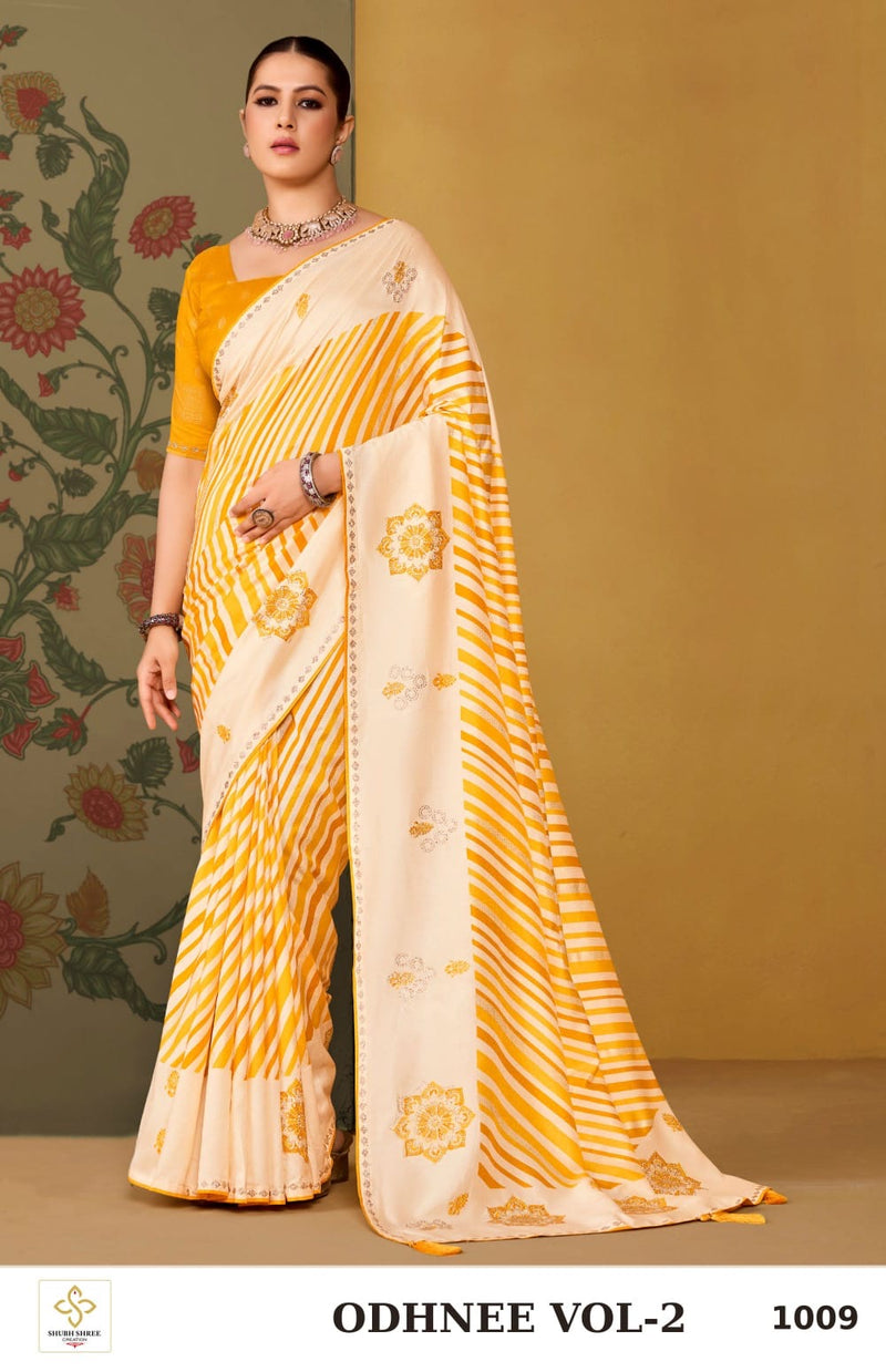 ODHNEE VOL-2 1009 - Mustard Yellow Tussar Silk Lahariya Saree