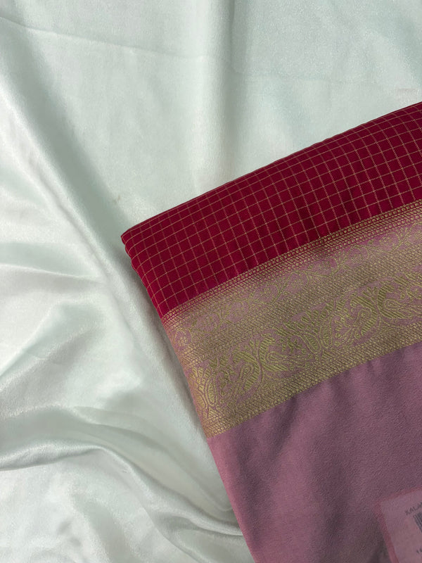 JU22 Pink Checks Crepe Saree with Baby Pink Contrast Border Blouse