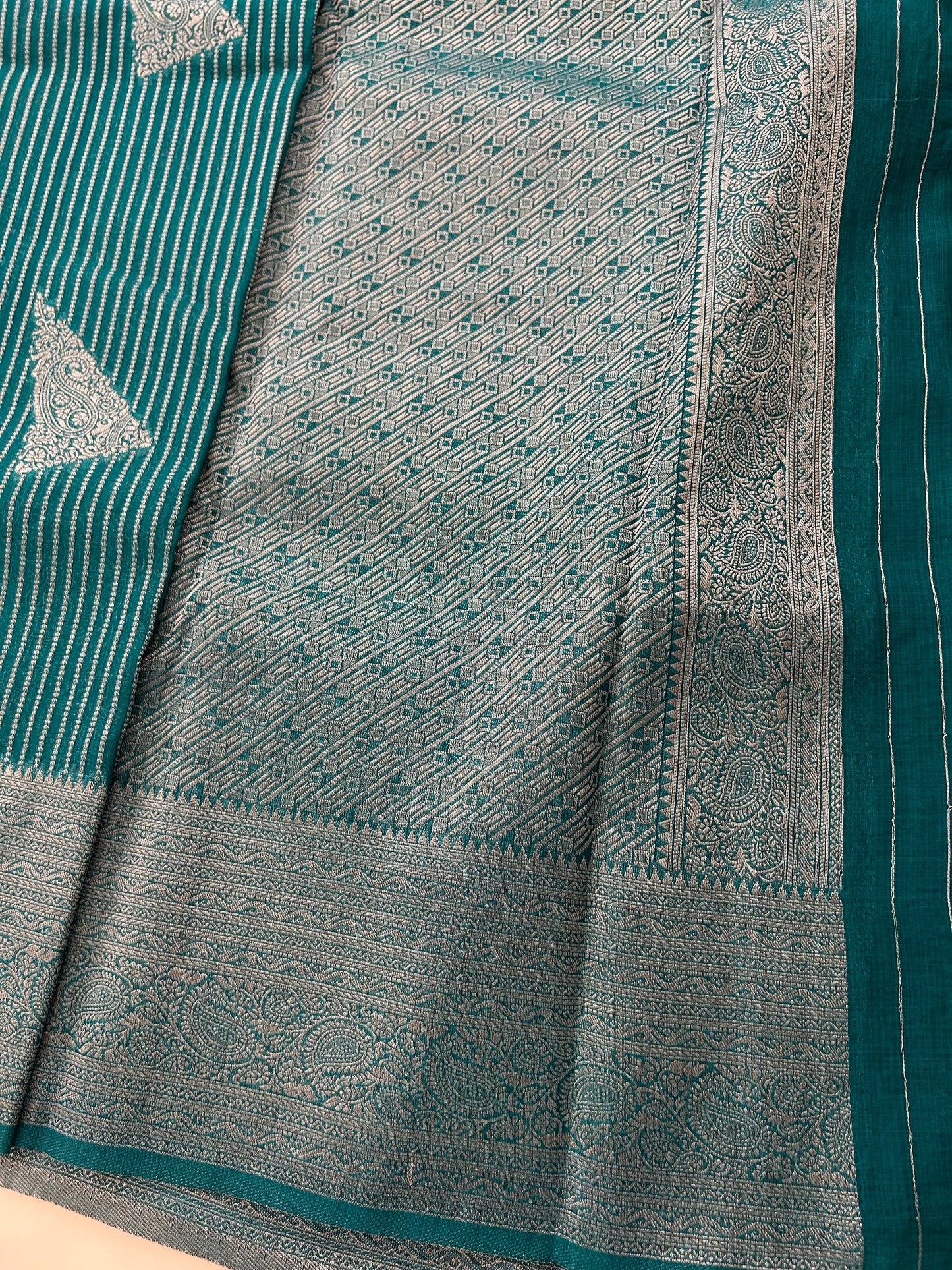 Peacock blue silver linen cotton saree-DC712