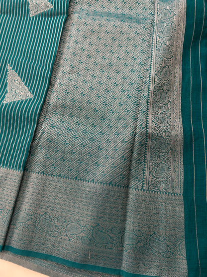 Peacock blue silver linen cotton saree-DC712