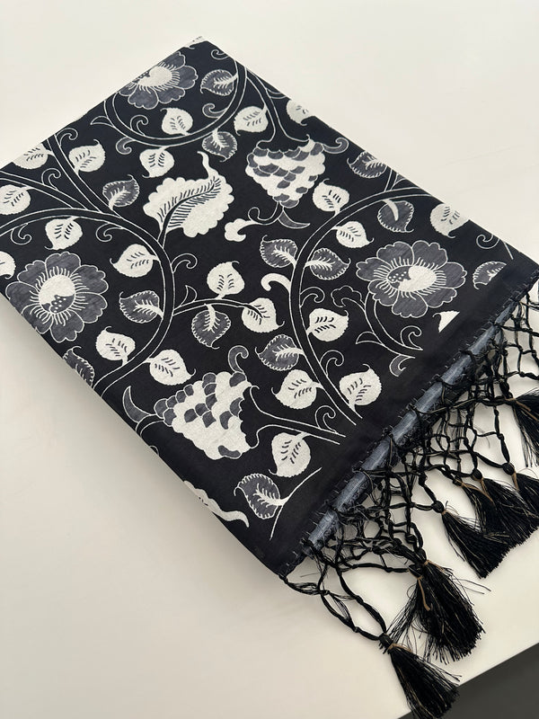 Black and White Tussar Printed Saree- JU29
