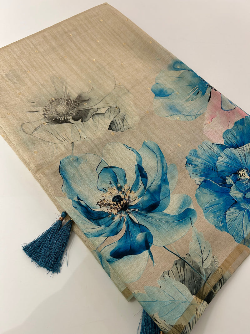 Digital floral Printed Tussar Saree,, contrast butti blouses🌹/- AU12