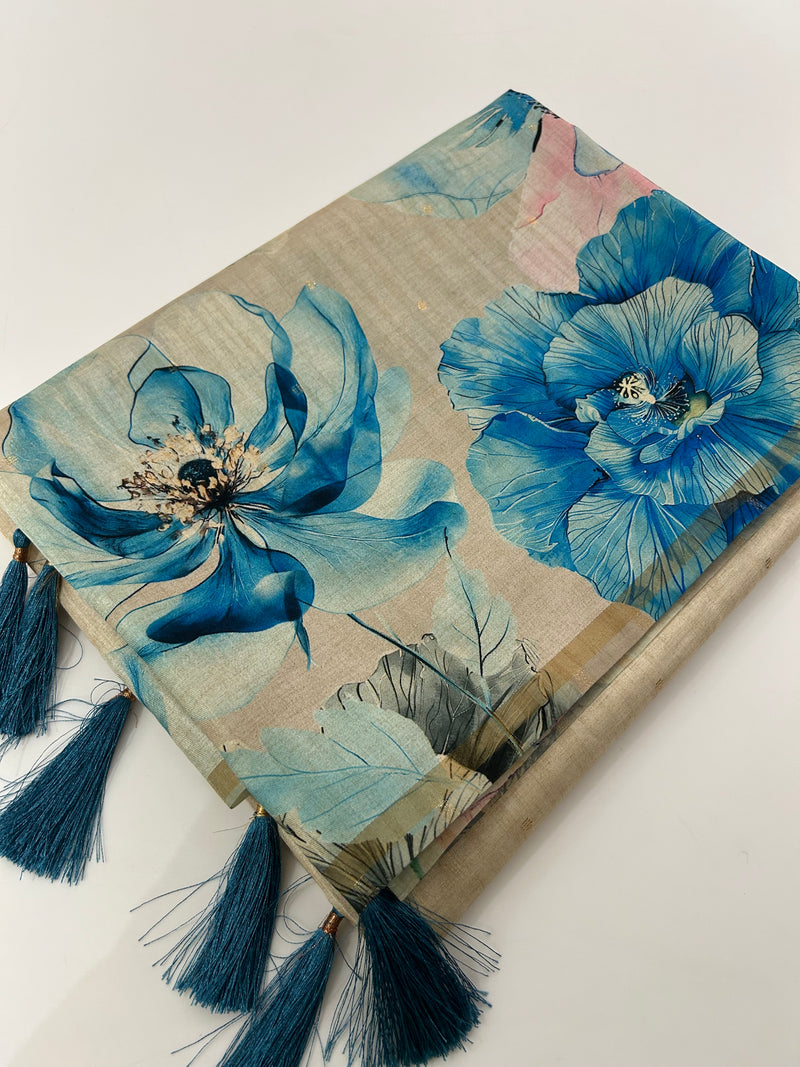 Digital floral Printed Tussar Saree,, contrast butti blouses🌹/- AU12