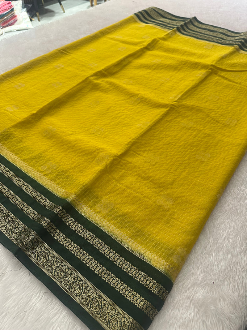 Semi Crepe Checks Saree - Yellow x Bottle Green AU25