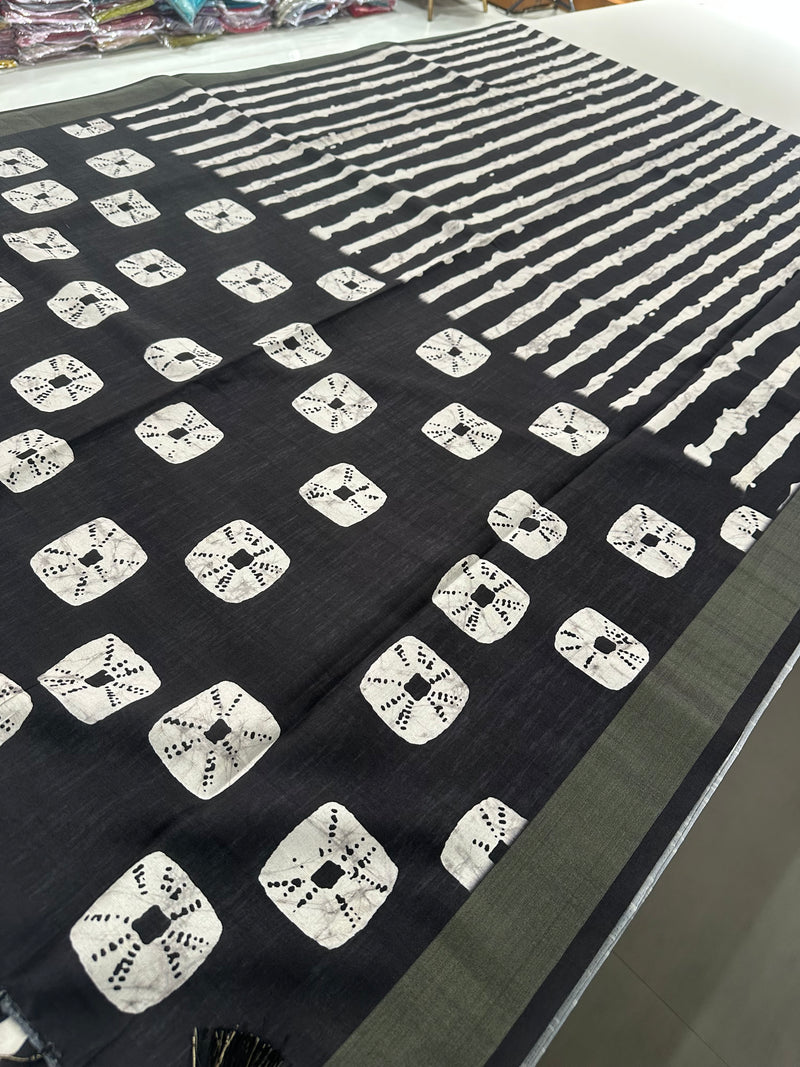 Black and White Tussar Printed Saree- JU28