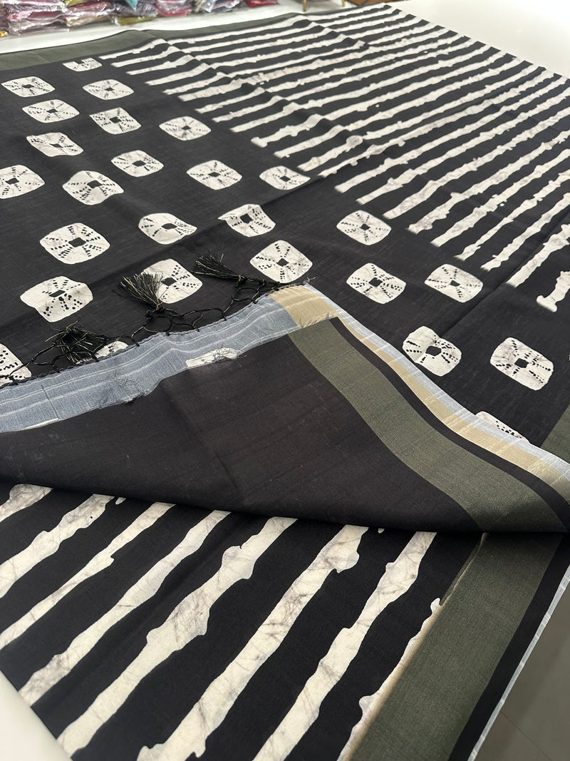 Black and White Tussar Printed Saree- JU28