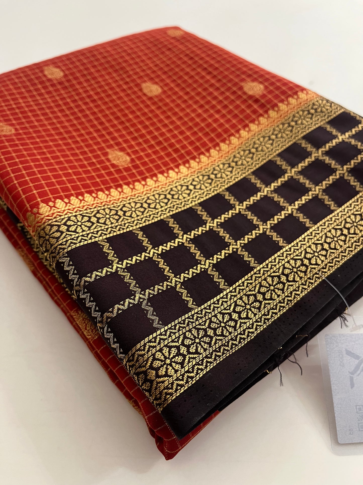 Rust orange with deep wine checks Banarasi Chinnon silk