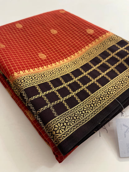 Rust orange with deep wine checks Banarasi Chinnon silk