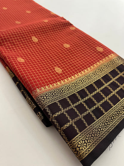 Rust orange with deep wine checks Banarasi Chinnon silk
