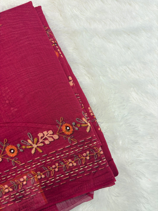 Pink Floral Embroidery Mul Cotton Saree-M101