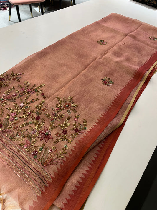 Linen Embroidery Fancy Saree