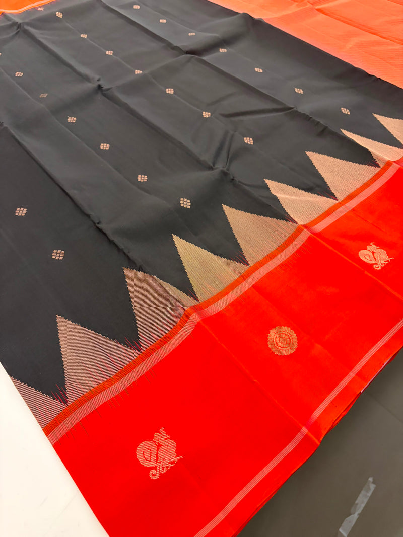 Pure Kanjeevaram Silk Saree Black X Orange