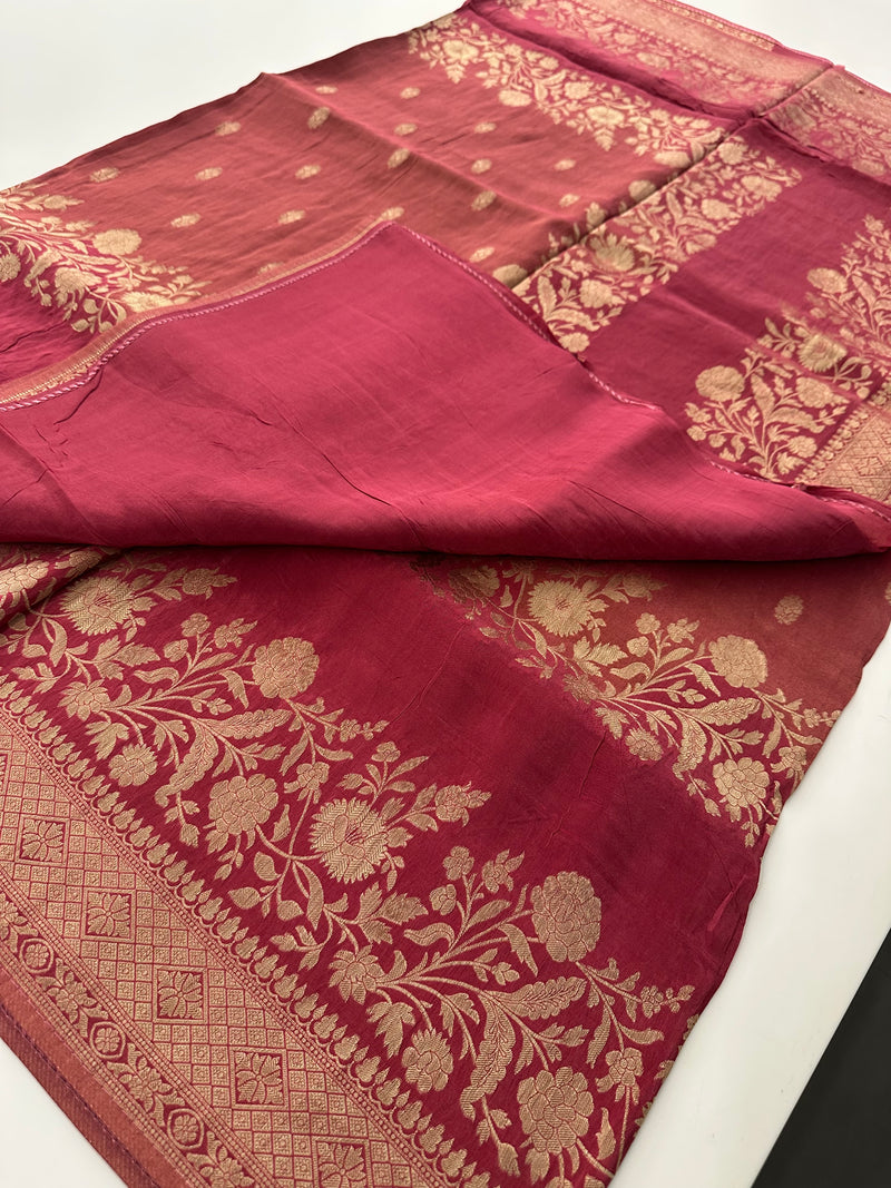 Peach Designer Chinnon Silk Saree – Floral Design AU24