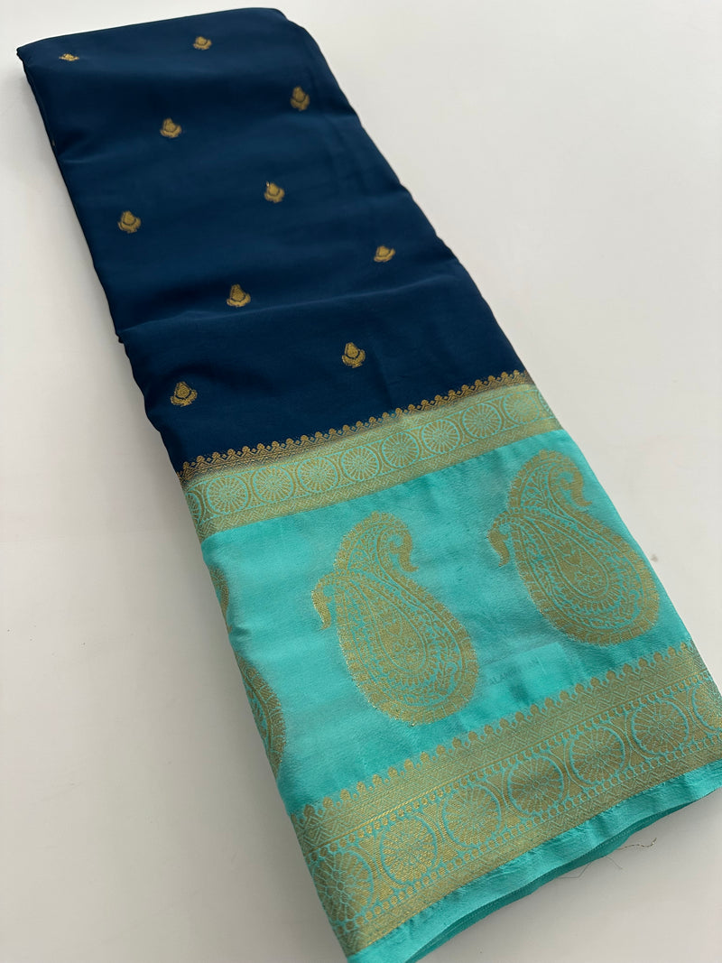 Vintage Semi Crepe Silk Saree with contrast butti blouse and mango border-Au15