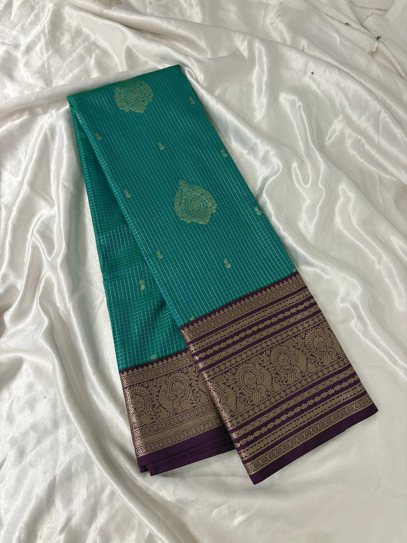 JU18 - Rama Green X Purple Checks Semi Silk Saree