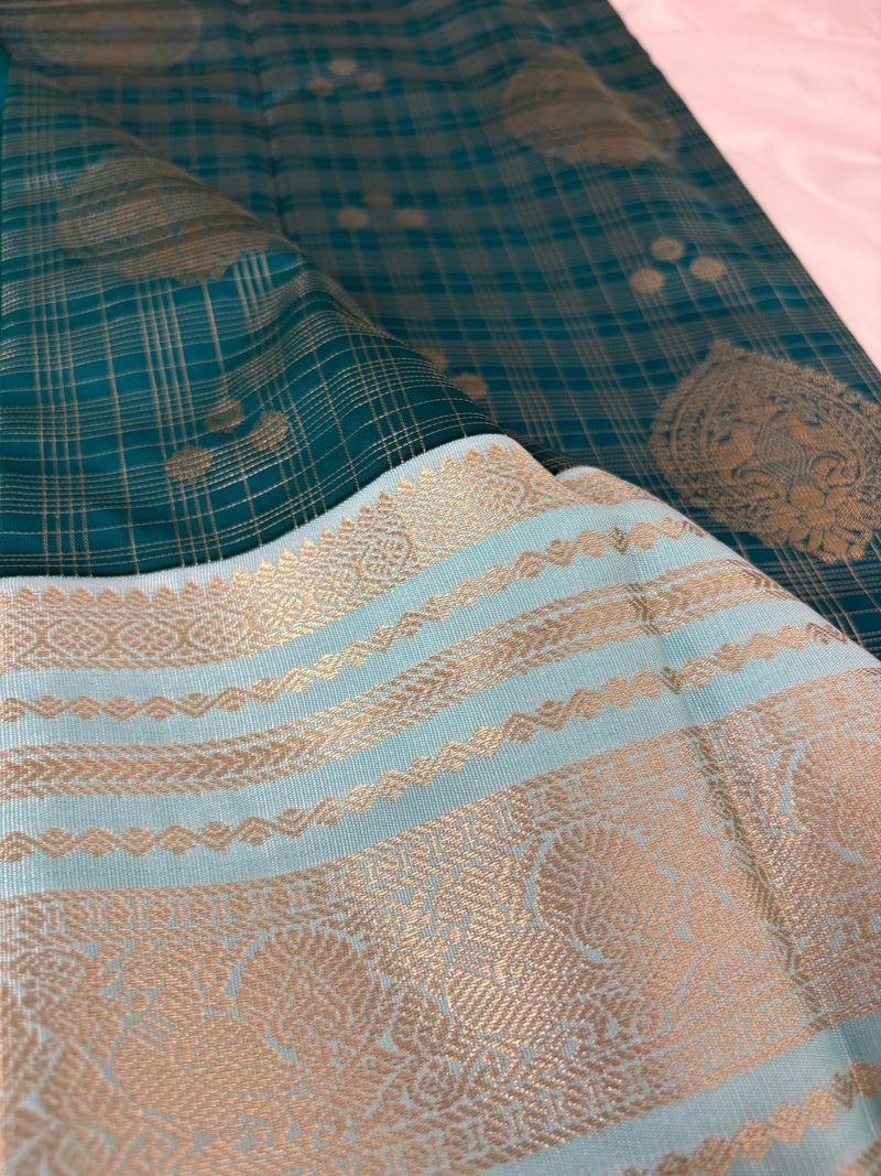JU18 - Peacock Blue X Pastel Blue Checks Semi Silk Saree