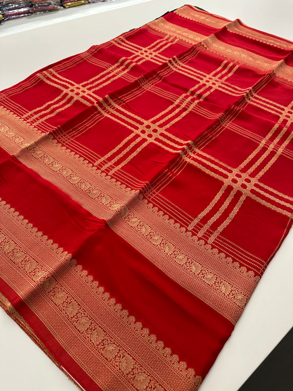 Red Premium Striped Semi Mysore Silk Saree with Contrast Blouse - AU9