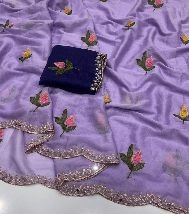 Soft Rangoli silk saree with embroidery work all over saree and beautiful  flower  design and real  mirror work with cut work border    Blouse - beautiful contract rangoli silk blouse with embroidery work