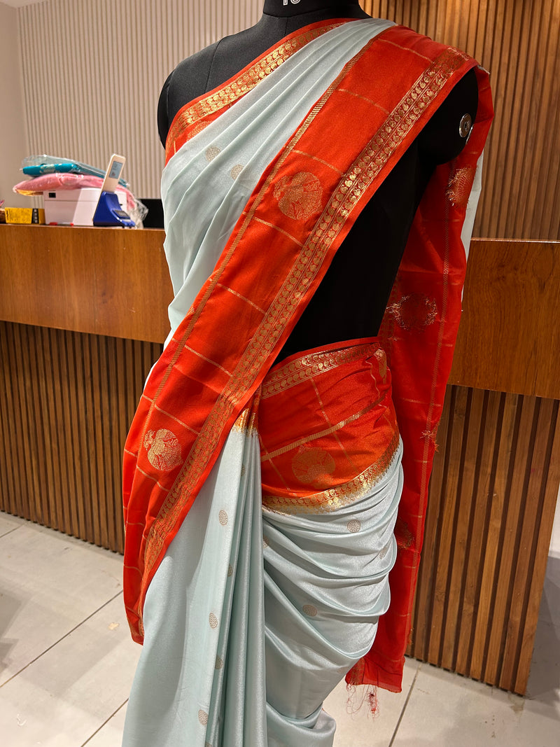 Light Blue X Orange Premium Semi Mysore Crape Silk Saree- JU16