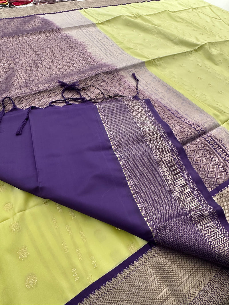 🌹4 shades of semi kanchi soft silk sarees in beautiful combinations in contrast blouse🌹