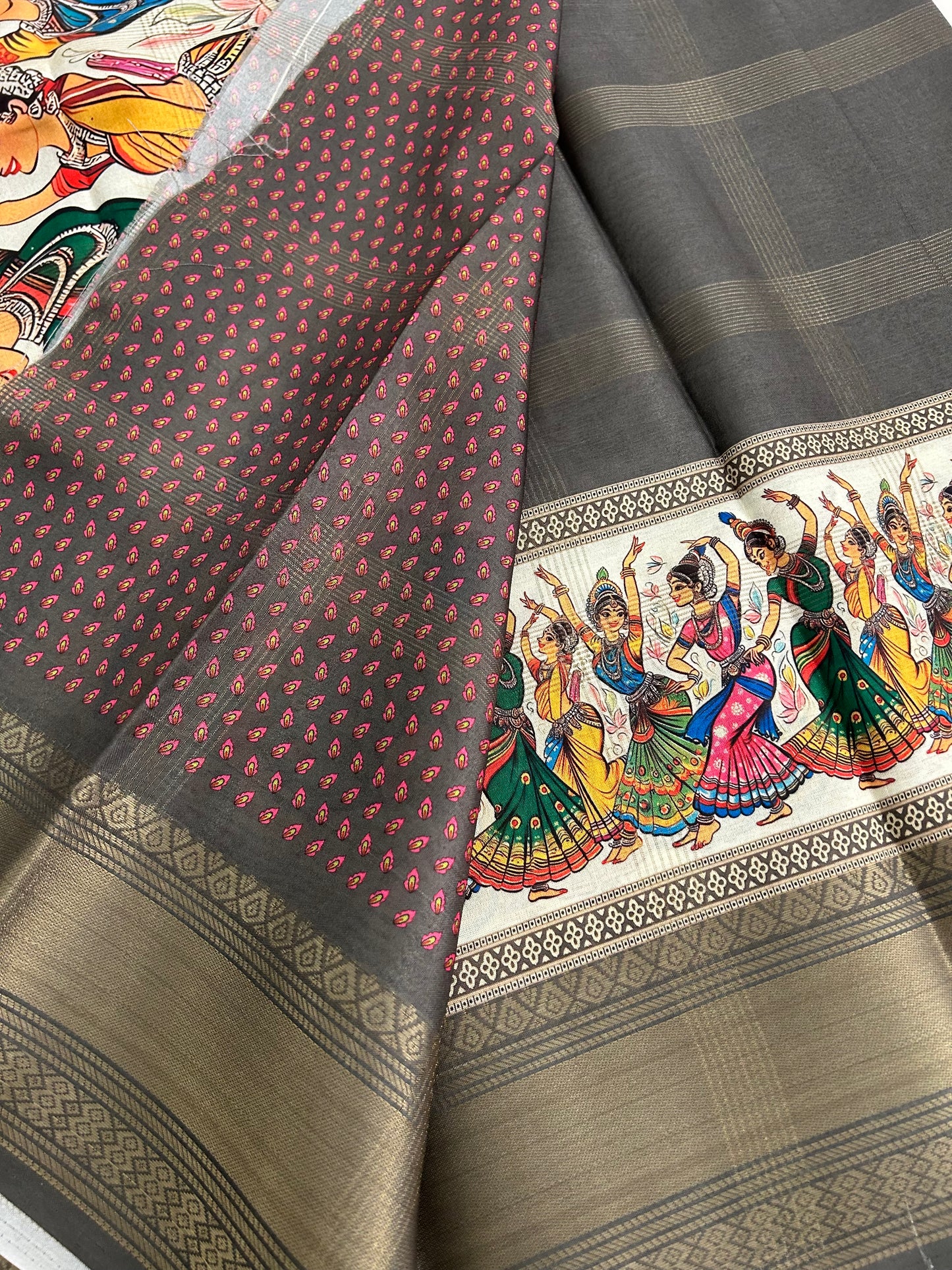 Kalamkari grey chiffon saree with traditional styled prints-BS101