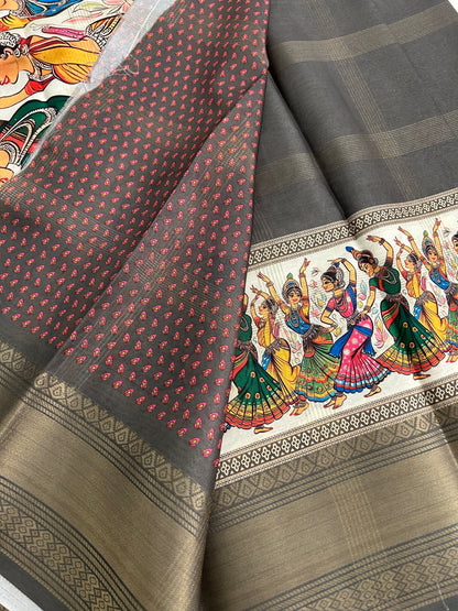 Kalamkari grey chiffon saree with traditional styled prints-BS101